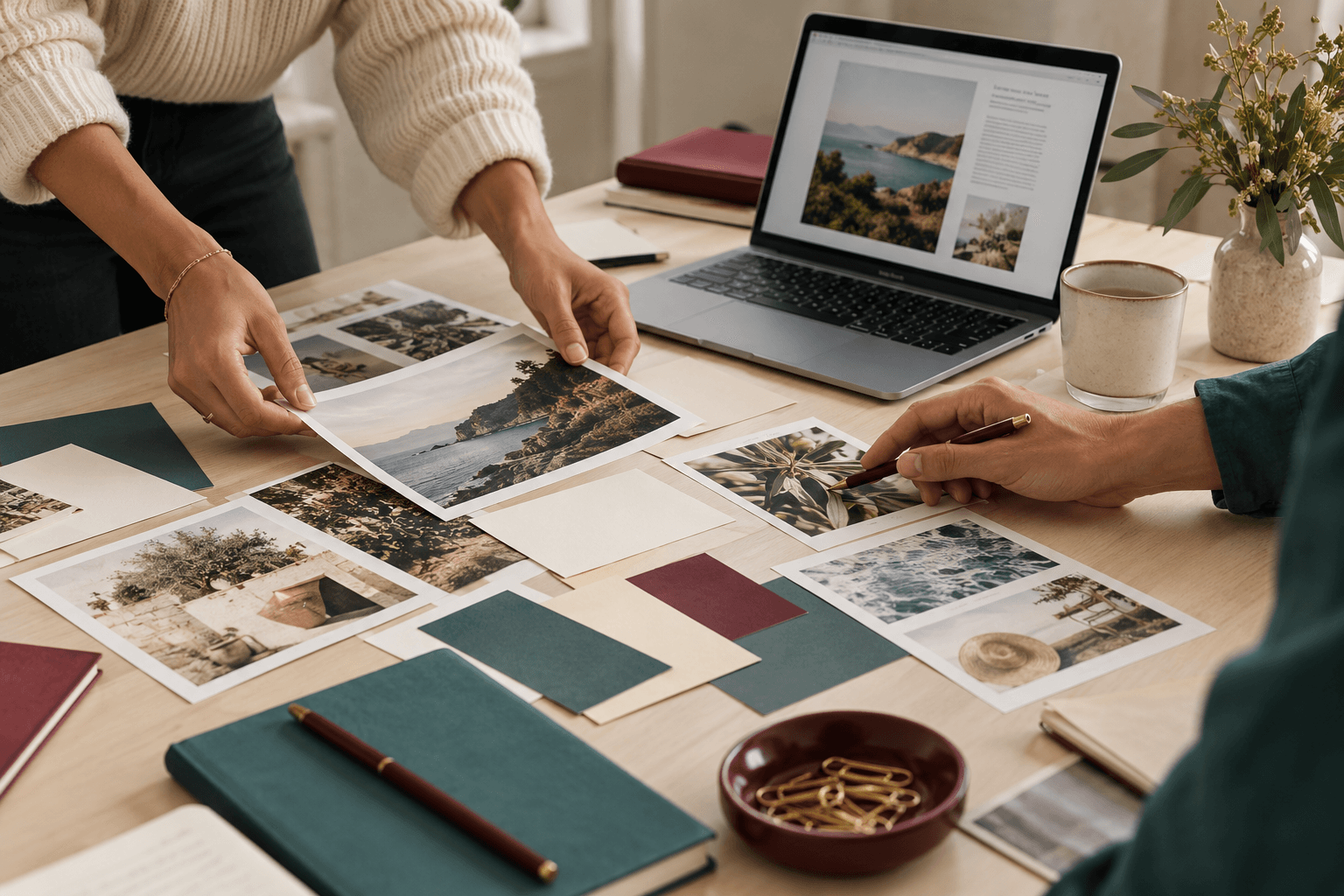 Planning a marketing campaign with editorial photographs and an article layout